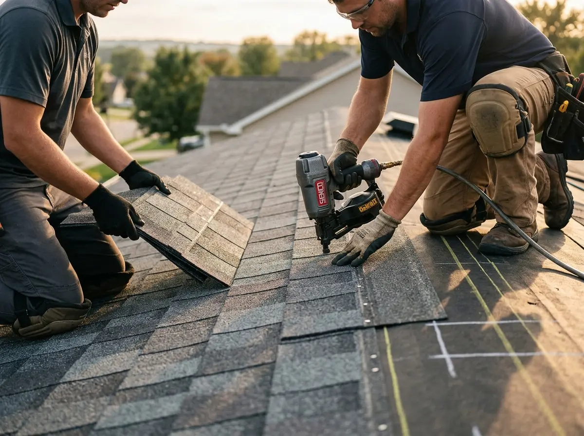 Professional roofer working on a residential roof in Lake Goodwin